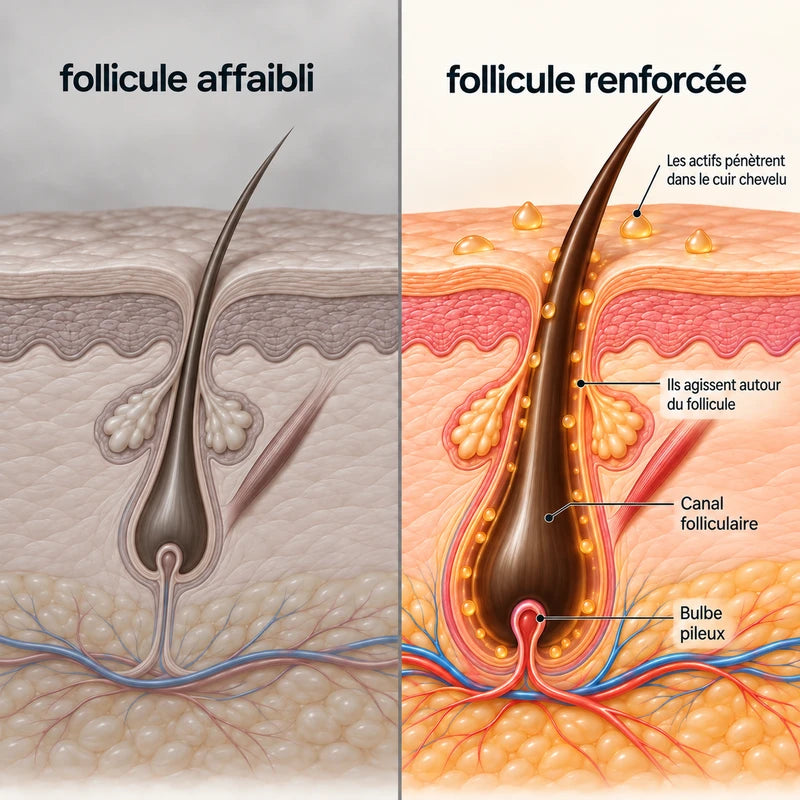 Schéma fourni comparant un follicule affaibli à gauche et un follicule représenté renforcé à droite, avec les légendes canal folliculaire et bulbe pileux.