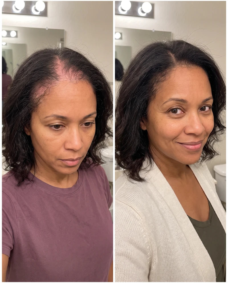 Visuel fourni : deux vues côte à côte d’une femme aux cheveux foncés et de sa ligne frontale.