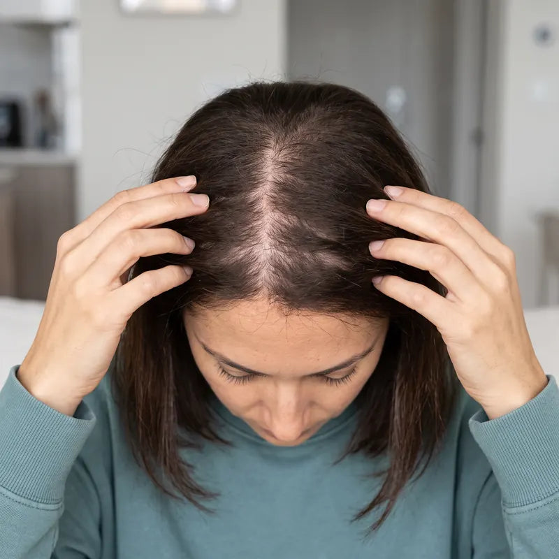 Vue du dessus : une femme écarte ses cheveux avec ses mains pour observer sa raie.