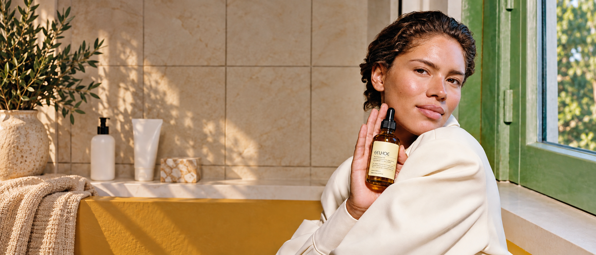 Femme tenant un flacon d’huile capillaire dans une salle de bain lumineuse