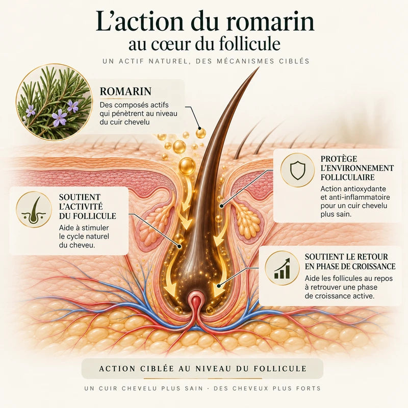 Schéma fourni illustrant l’action du romarin au cœur du follicule, avec les mentions activité folliculaire, environnement et phase de croissance.