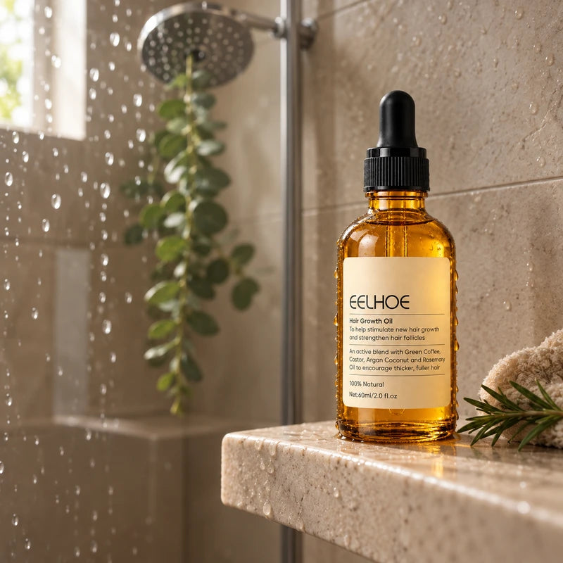 Flacon d’huile capillaire sur une tablette dans la douche, avec des gouttes d’eau et du romarin.